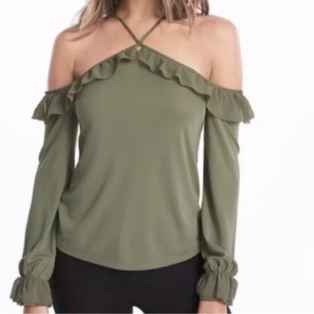 White House Black Market Olive Green long sleeves Ruffled Cut Out Blouse size LP
